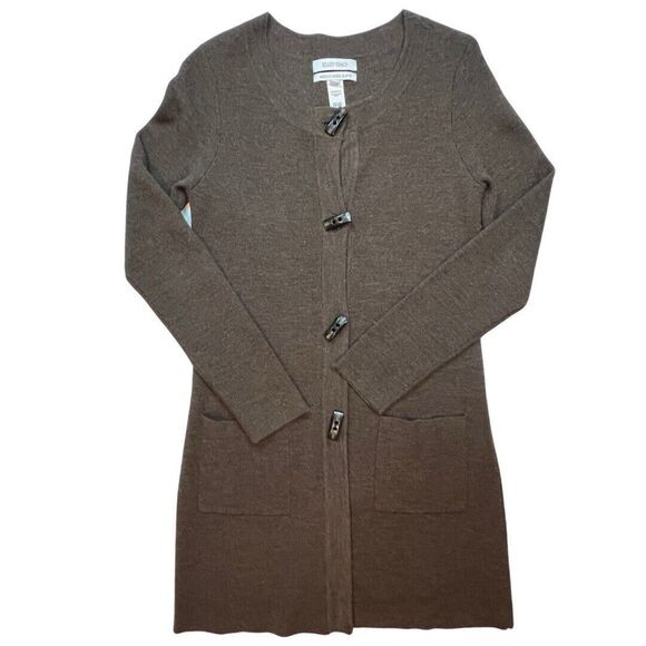 Ellen Tracy Cardigan Womens Medium Brown Merino Wool Long Button Front Sweater - Picture 1 of 11